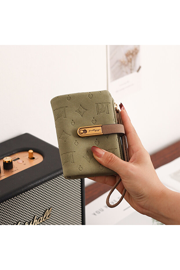 Green Color Print Patterned Multi-Compartment Wallet Handbag