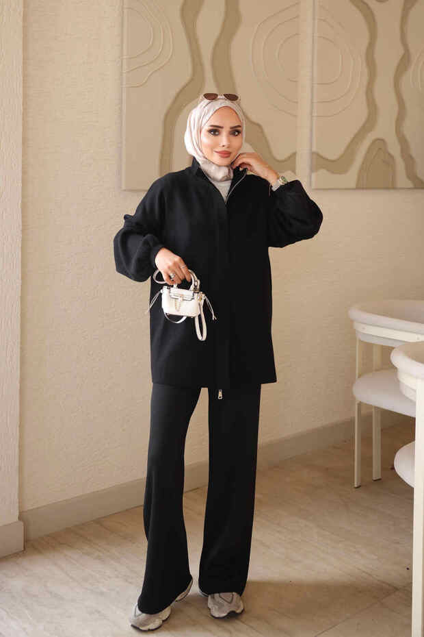Black Zippered Corsman Cardigan and Trousers Knitwear Set