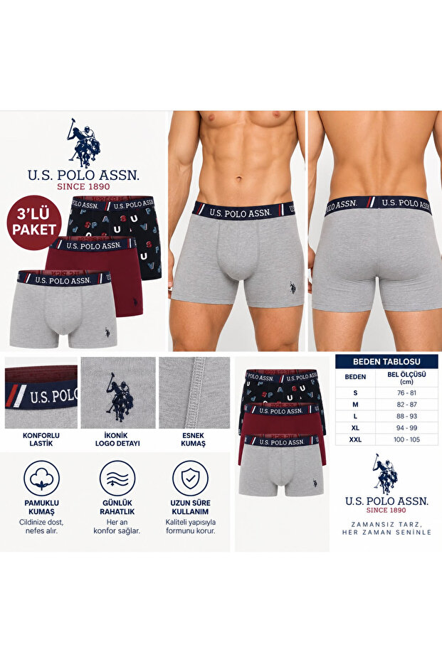 Men's (Grey Melange-Purple-Printed) 3-Piece Boxers (Boxed)