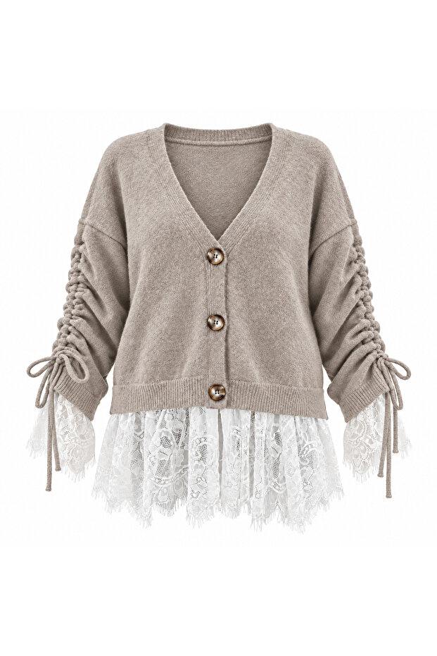 Women's Lace Detailed Gathered Sleeve Tie-Up Buttoned Knitwear Cardigan 8012