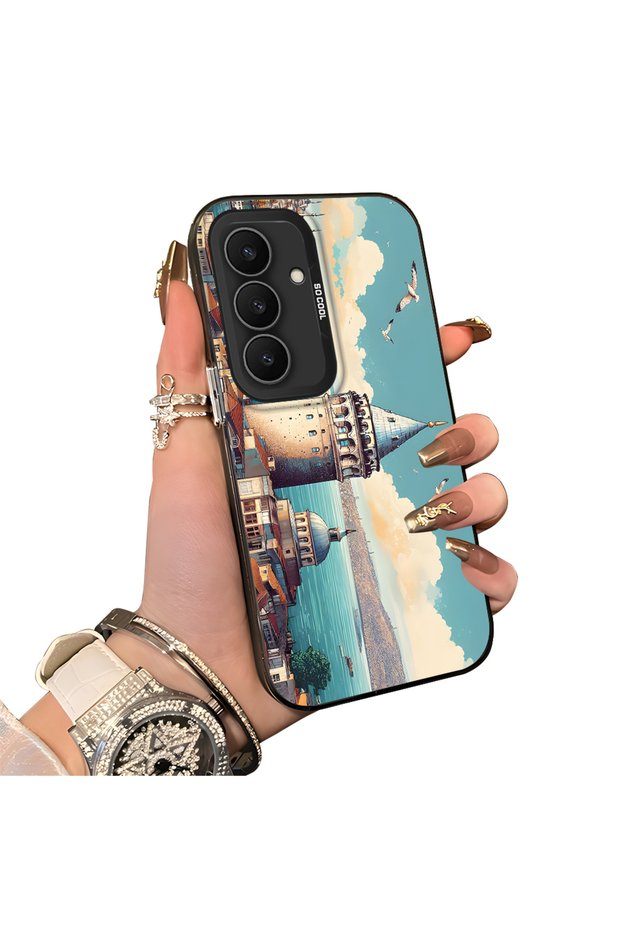 Samsung Galaxy S25 Fe Compatible Silicone Edge Hard Back Case Galata Tower Patterned Phone Case
