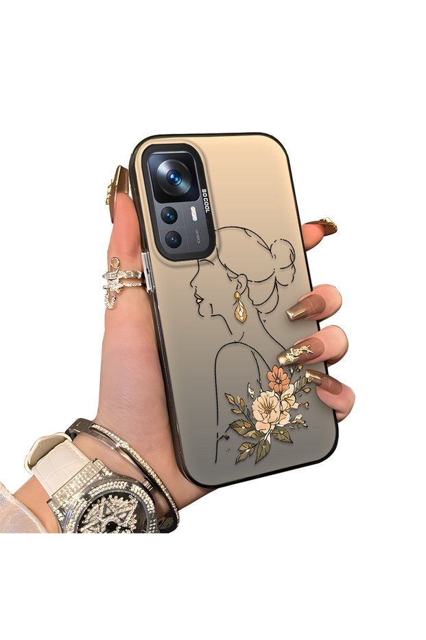Mi 12t Compatible Silicone Edge Hard Back Case Line Art Patterned Phone Case