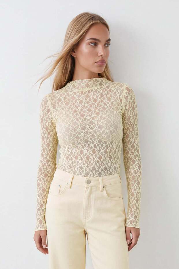 Women's Yellow High Collar Lycra Lace Blouse Alc-X14522