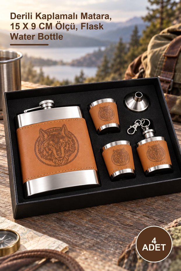 4-Piece Wolf Pattern Leather Flask Set – Leather Covered Flask, 15 X 9 cm Size, Flask Water Bottle