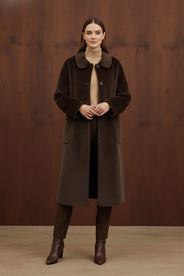 Women's Fox Coat with Button and Pocket Details - 15220Kbn Brown
