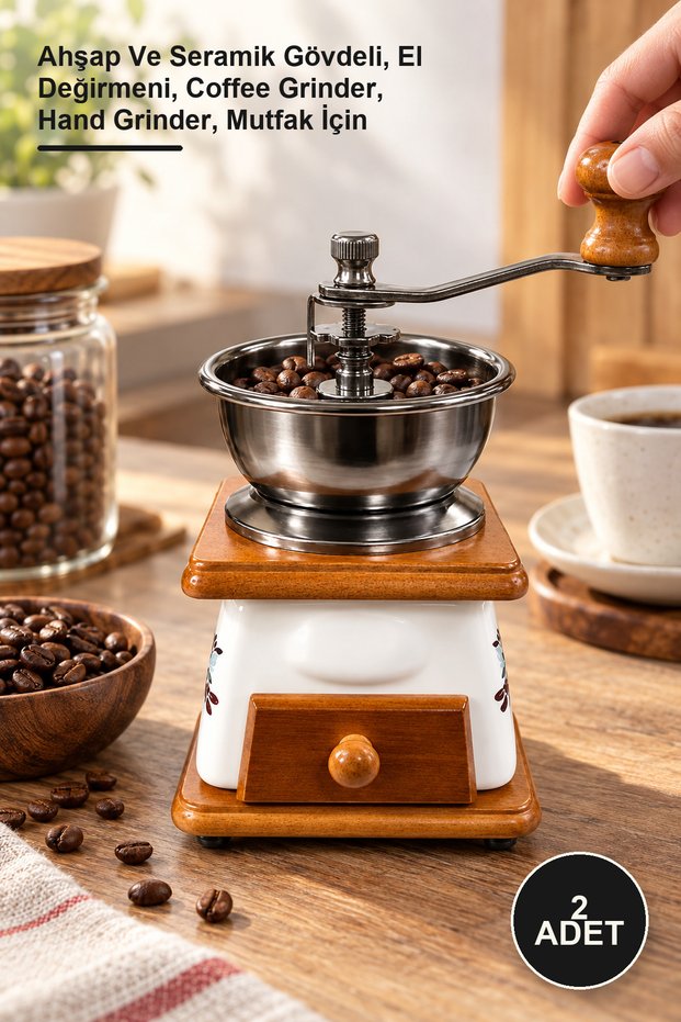2 Pieces Manual Coffee Grinder – Wooden and Ceramic Body, Hand Grinder, Coffee Grinder, Hand Grinder, for the Kitchen