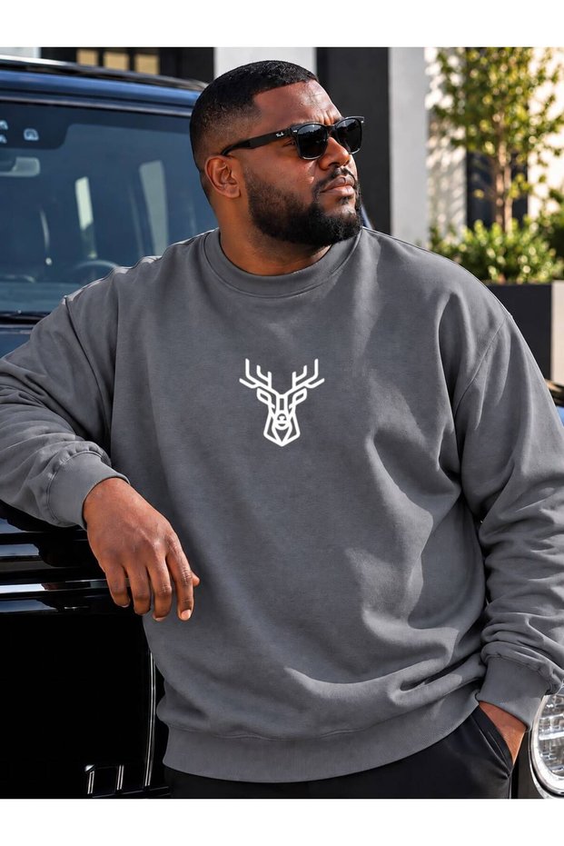 3 Yarn Combed Cotton Plus Size Deer Printed Unisex Sweatshirt Vp6