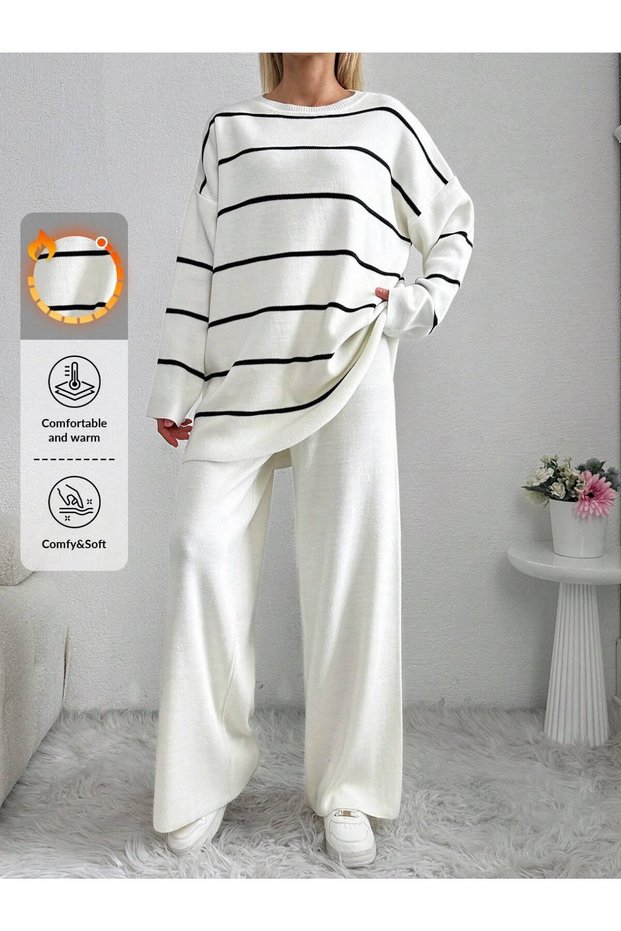 Women's Ecru Striped Knitwear Set