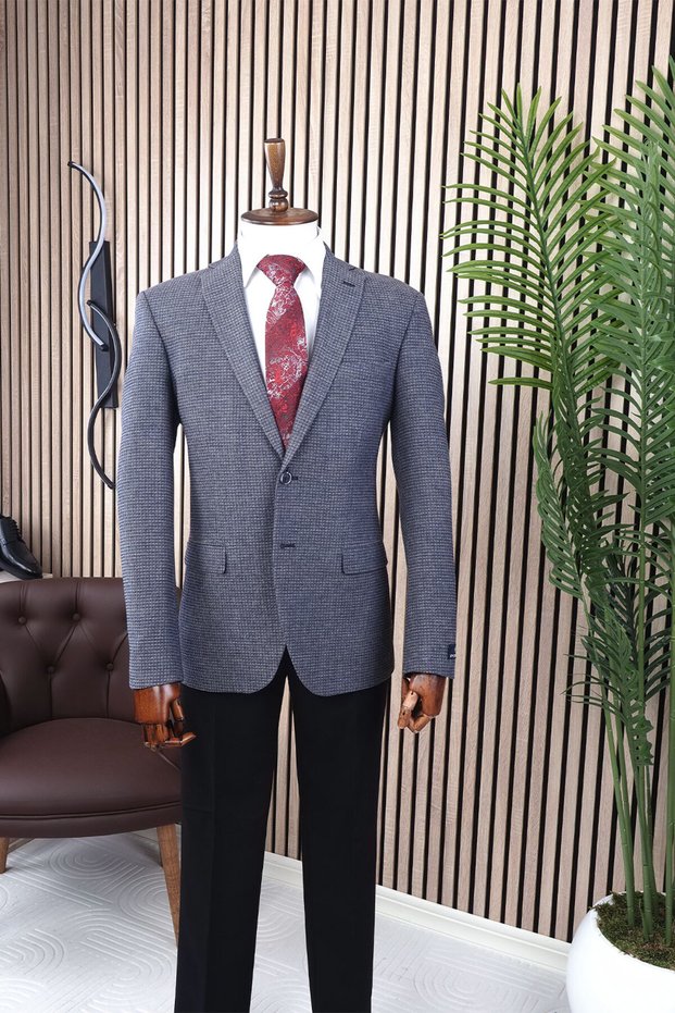 Woolen Men's Regular Fit Mono Collar Navy Blue Drop 6 Single Jacket