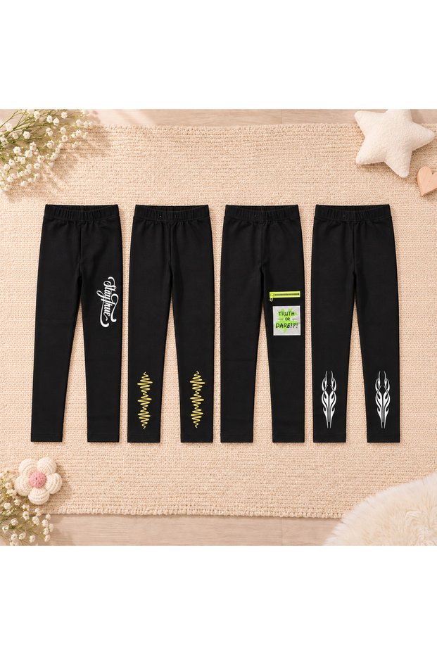 Girl's Printed Black Tights Set of 4