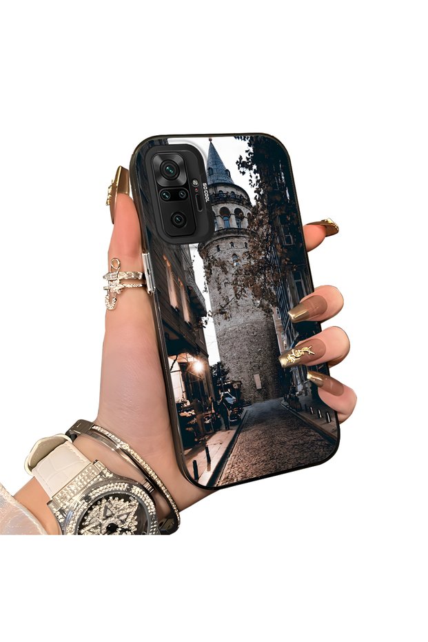 Redmi Note 10 Pro Compatible Silicone Edge Hard Back Case Galata Tower Patterned Phone Case