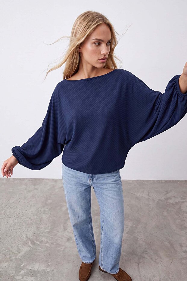 Women's Navy Blue Bat Cut Balloon Sleeve Lightly Transparent Blouse Alc-X15867