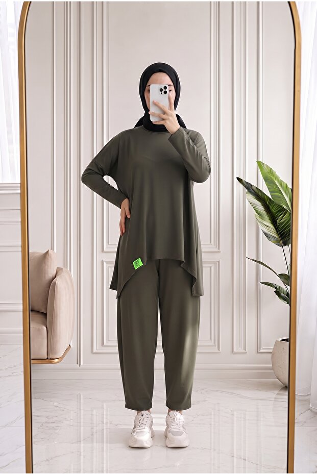 Ceylinur Short Front Long Back Embroidered Trouser Suit-Mf1927 Khaki