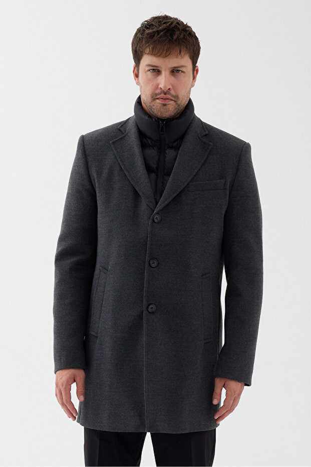 Claro Men's Smoked Regular Fit Thick Cashmere Coat with Front Zipper and Padded Interior