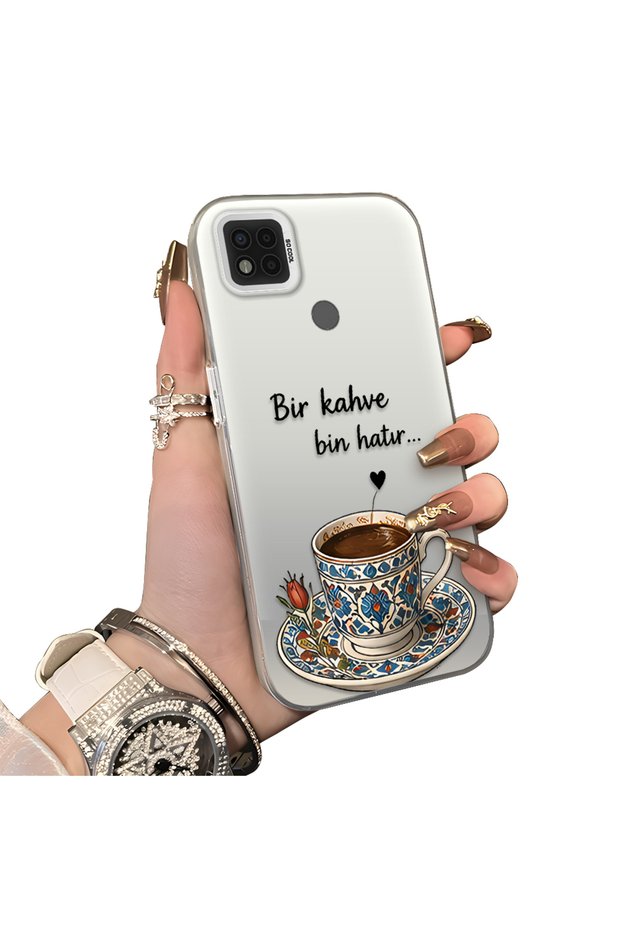 Poco C31 Compatible Silicone Edge Hard Back Case Turkish Coffee Patterned Phone Case
