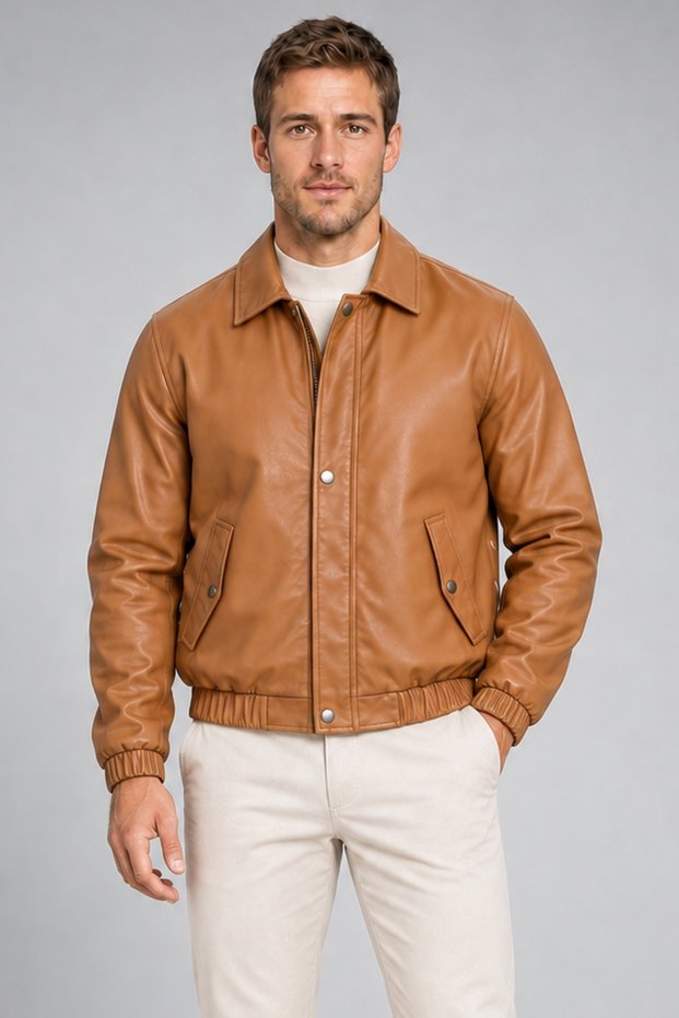 Men's Tan Zippered Leather Jacket with Snap Fasteners and Elastic Waist