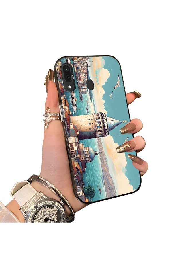 Samsung Galaxy A20 Compatible Silicone Edge Hard Back Case Galata Tower Patterned Phone Case