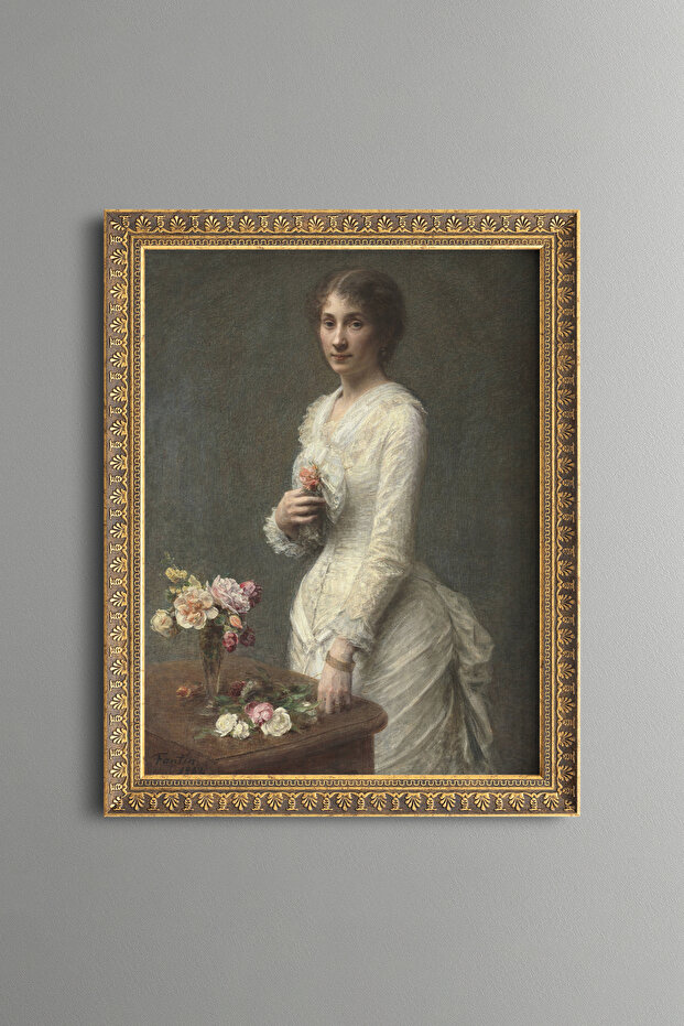Elegant Woman in White Dress - Vintage Patterned Painting - Slim Model