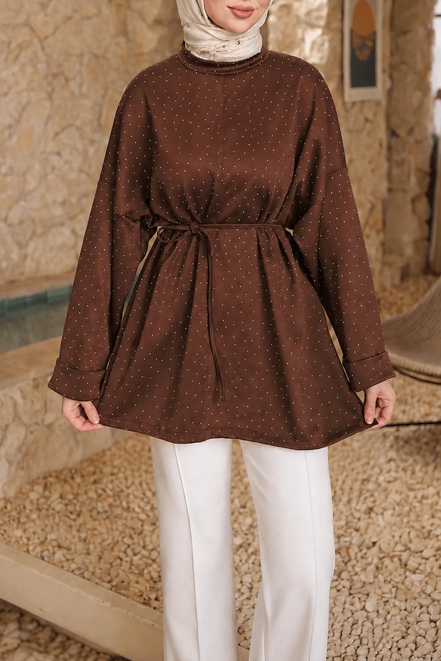 Stone Detailed Slit Oversized Tunic - Brown