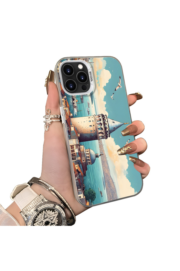 iPhone 15 Pro Max Compatible Silicone Edge Hard Back Case Galata Tower Patterned Phone Case