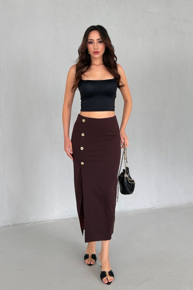 Brown Button Detailed Slit Midi Pencil Skirt