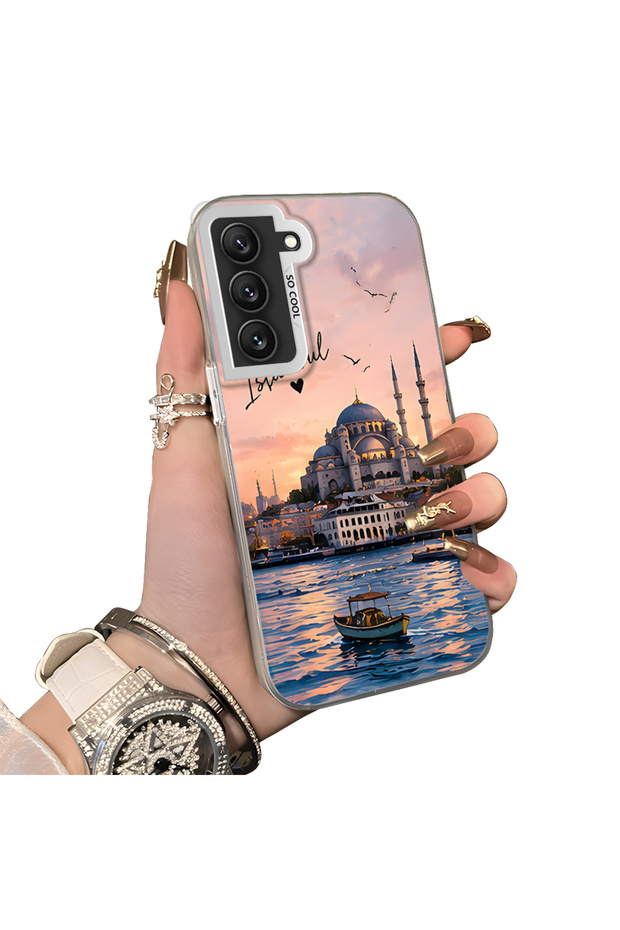 Samsung Galaxy S22 Compatible Silicone Edge Hard Back Case Istanbul Patterned Couple Phone Case