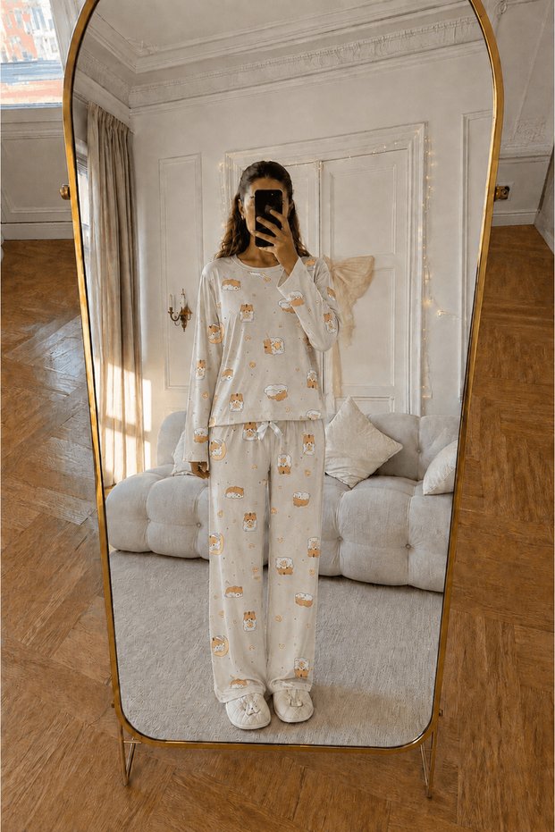 Crew Neck Long Sleeve Pajama Set with Animal Figures - Stone