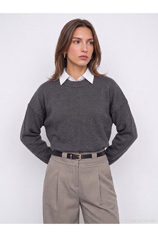 10886 Wool Blend Crew Neck Sweater-Smoked M.