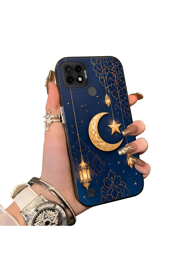 Realme C21 Compatible Silicone Edge Hard Back Case Crescent and Star Pattern Phone Case