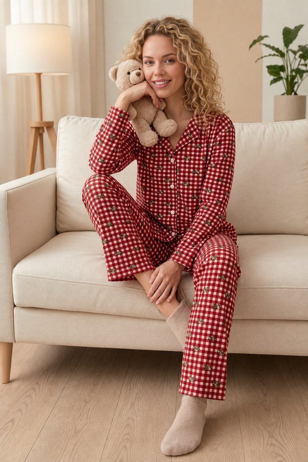 Women's Shirt Collar Buttoned Suede Pajama Set Soft and Comfortable Fit
