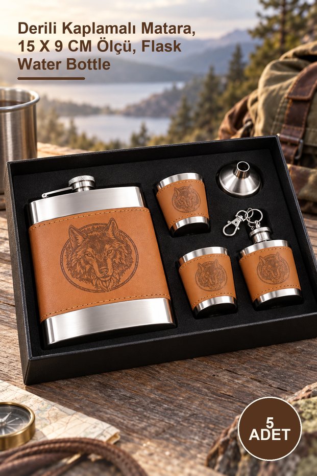 5-Piece Wolf Pattern Leather Flask Set – Leather Covered Flask, 15 X 9 cm Size, Flask Water Bottle