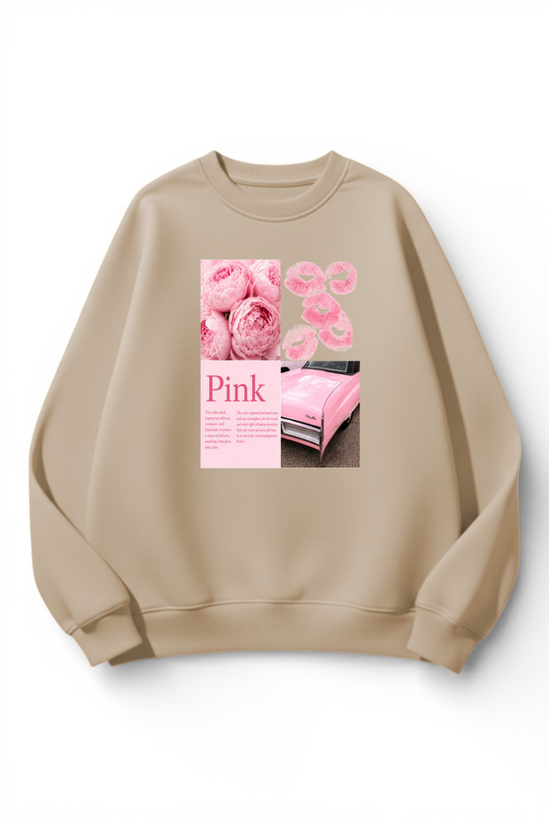 Unisex Soft Textured Pink Car Poster Printed Design Oversize 3 Thread Crew Neck Sweatshirt