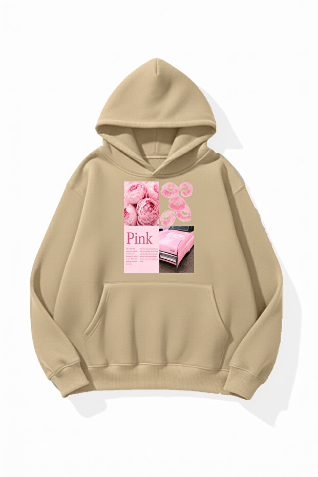 Unisex Soft Textured Pink Car Poster Printed Design Oversize 3 Thread Hoodie Sweatshirt