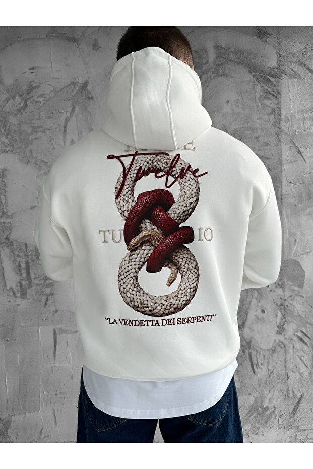 White Hooded Oversize Premium Snake Print Sweatshirt