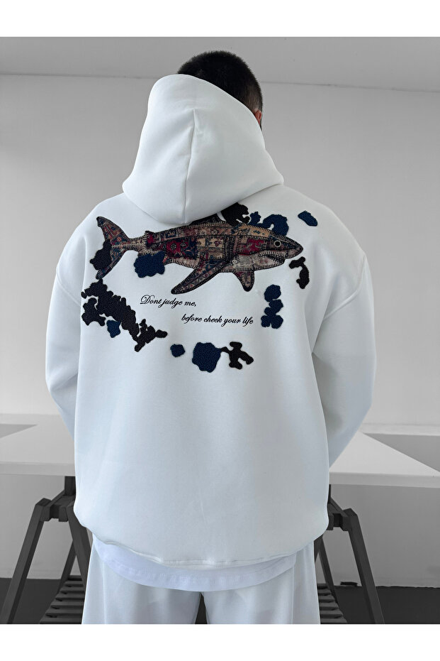 White Hooded Oversize Premium Shark Embroidered Sweatshirt