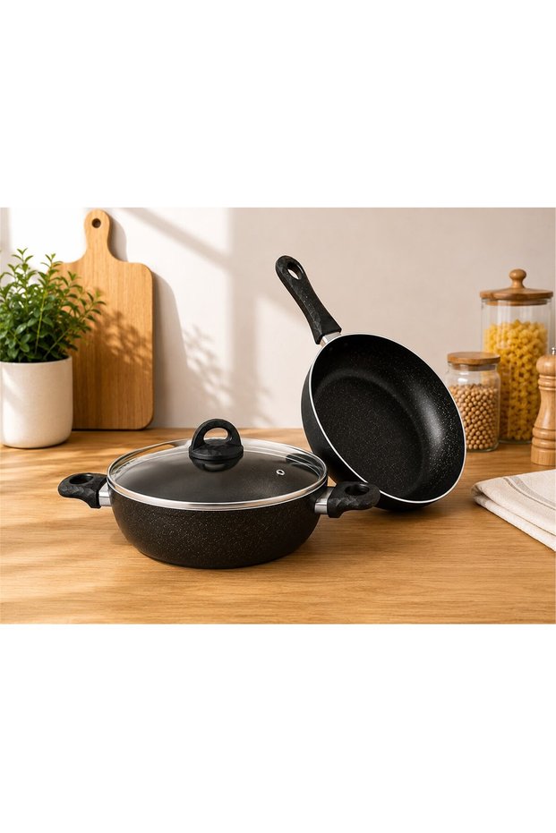 Çetcook Granite Set of 2 24 cm Frying Pan 24 cm Pan Black