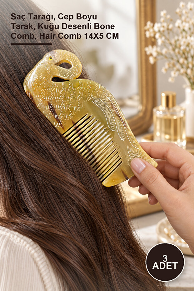 3 Pieces of Swan Design Bone Comb – Hair Comb, Pocket Size Comb, Swan Pattern Bone Comb, Hair Comb 14X5 cm