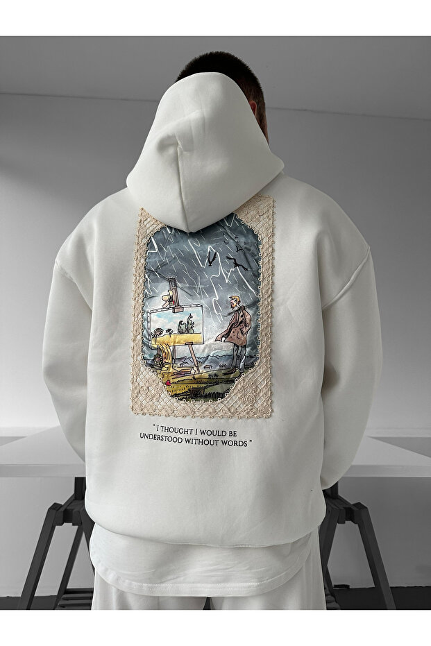 White Hooded Oversize Premium Artist Embroidered Sweatshirt