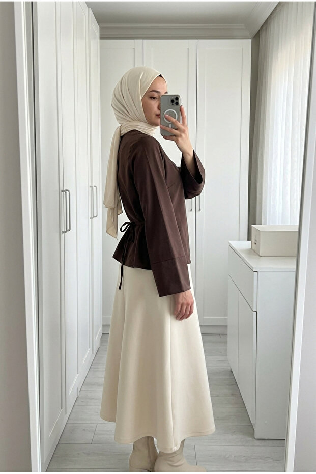 Women's Asymmetrical Cut Spanish Sleeve Waist Tie Blouse Shirt 55 cm