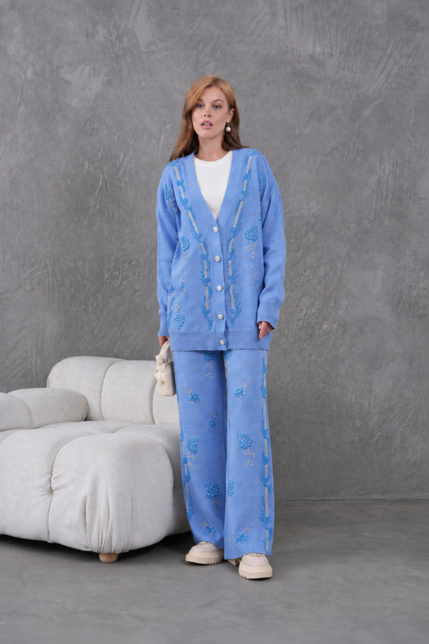 Women's Embroidered Knitwear Cardigan Pants Bottom Top Double Set