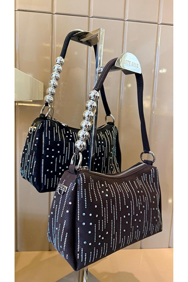 Imported women's suede and rhinestone-embellished silver pearl handle handbag 27378