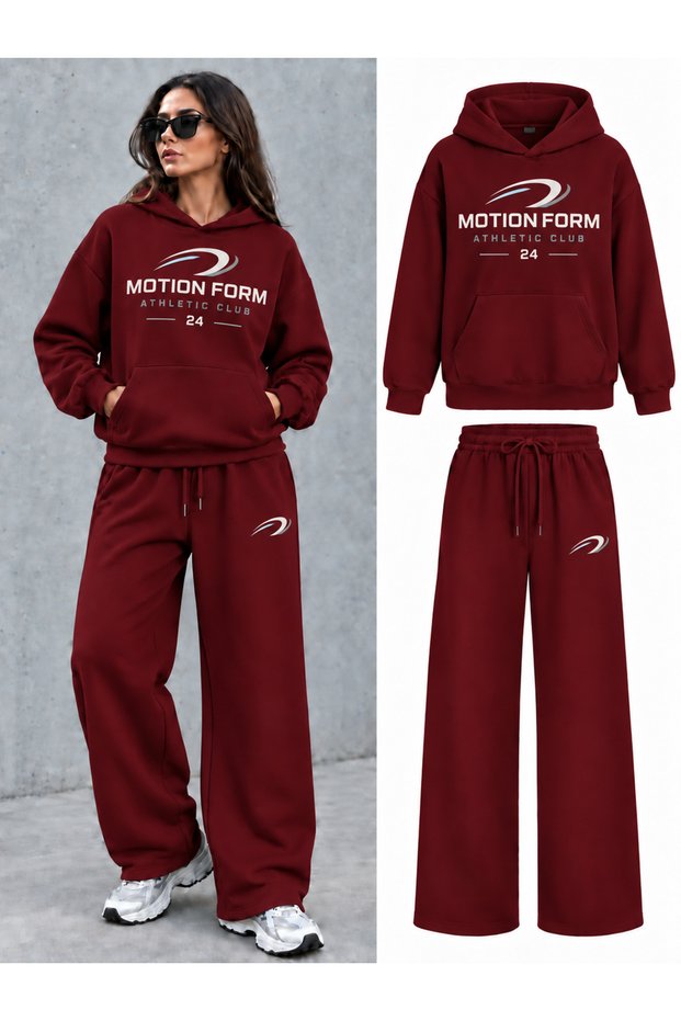 Oversize Motion Form Printed Hooded 100% Cotton Wide Leg Sweatpants Set