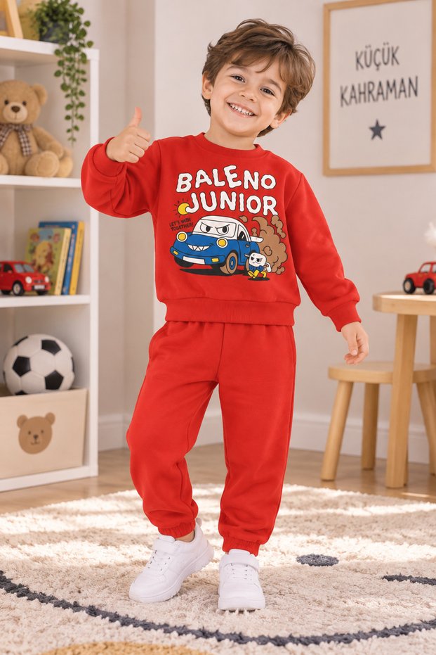 Ss Gi̇yi̇m Boys' Tracksuit Set - Orange Car Printed Sweatshirt and Sweatpants, Casual Sports Children's Clothing