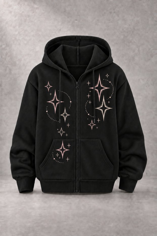 Unisex Stars Printed Three-Yarn Combed Cotton Fabric Hooded Zippered Black Cardigan
