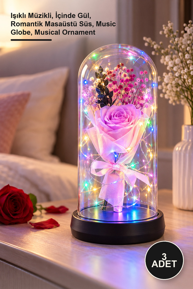 3 Decorative Glass Jars – with Lights and Music, Rose Inside, Romantic Desktop Ornament, Music Globe, Musical Ornament