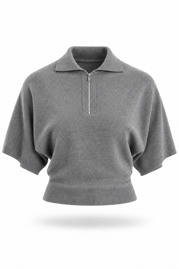 Gray Bat Sleeve Polo Collar Knitwear 261140