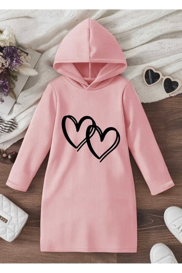 Hooded Crown Heart Printed 100% Cotton Winter Girls' Special Series Sports Hoodie Dress