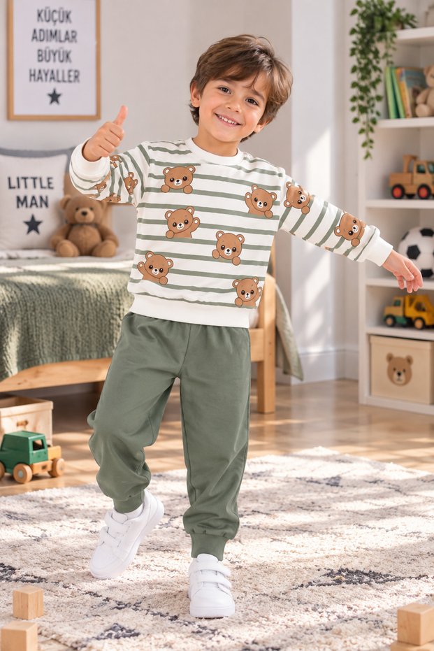 Ss Gi̇yi̇m Boys' Teddy Bear Printed Tracksuit Set – Green Patterned Sweatshirt and Sweatpants, Casual Sports Children's Clothing