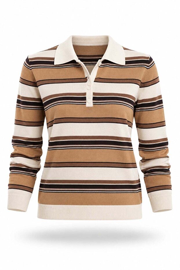 Brown Polo Collar Striped Sweater 261146