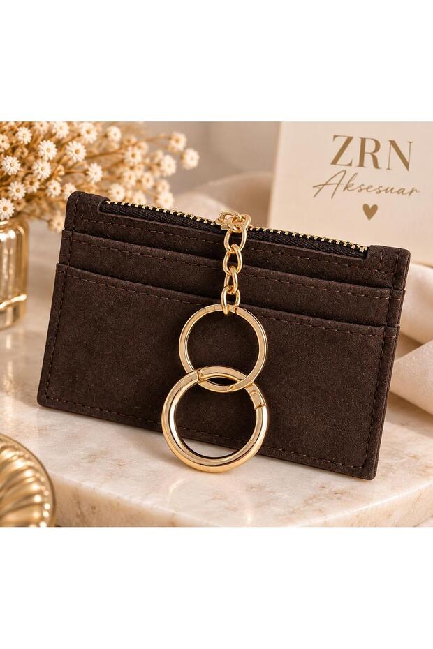 Wallet Women's Brown Color Suede Card Holder Wallet – 4 Card Compartments, Zippered Coin Compartment, Chain Attached for Attachment to Bags